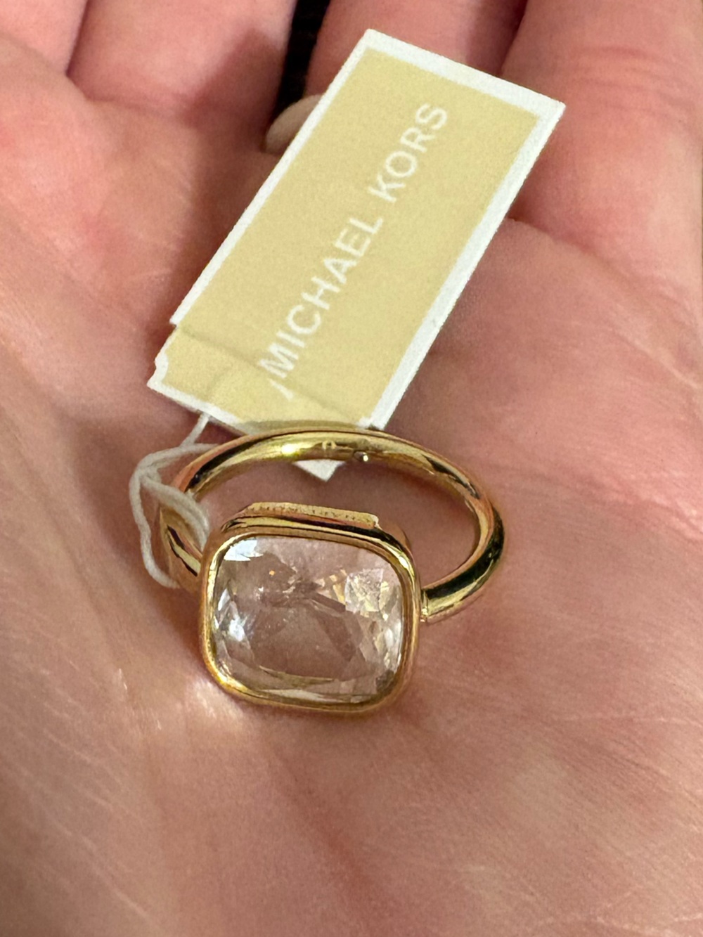Michael Kors Gold Tone Cushion Cut Crystal Cocktail Ring NWT - Size 5